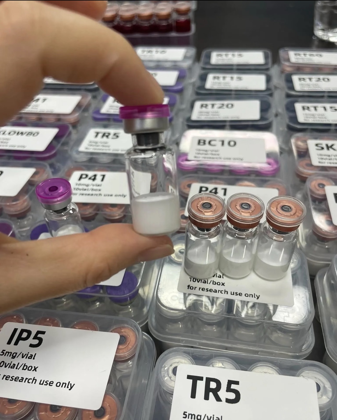 Hand holding a research peptide vial above labeled trays.