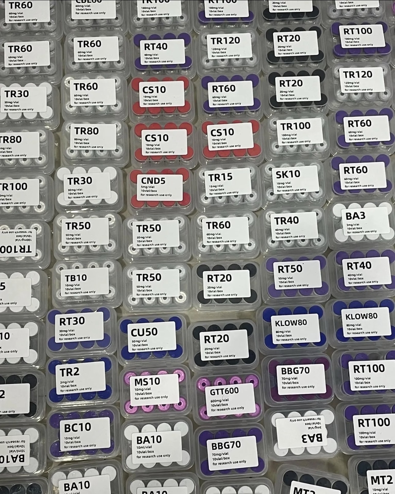 Overhead grid view of labeled research peptide product boxes.